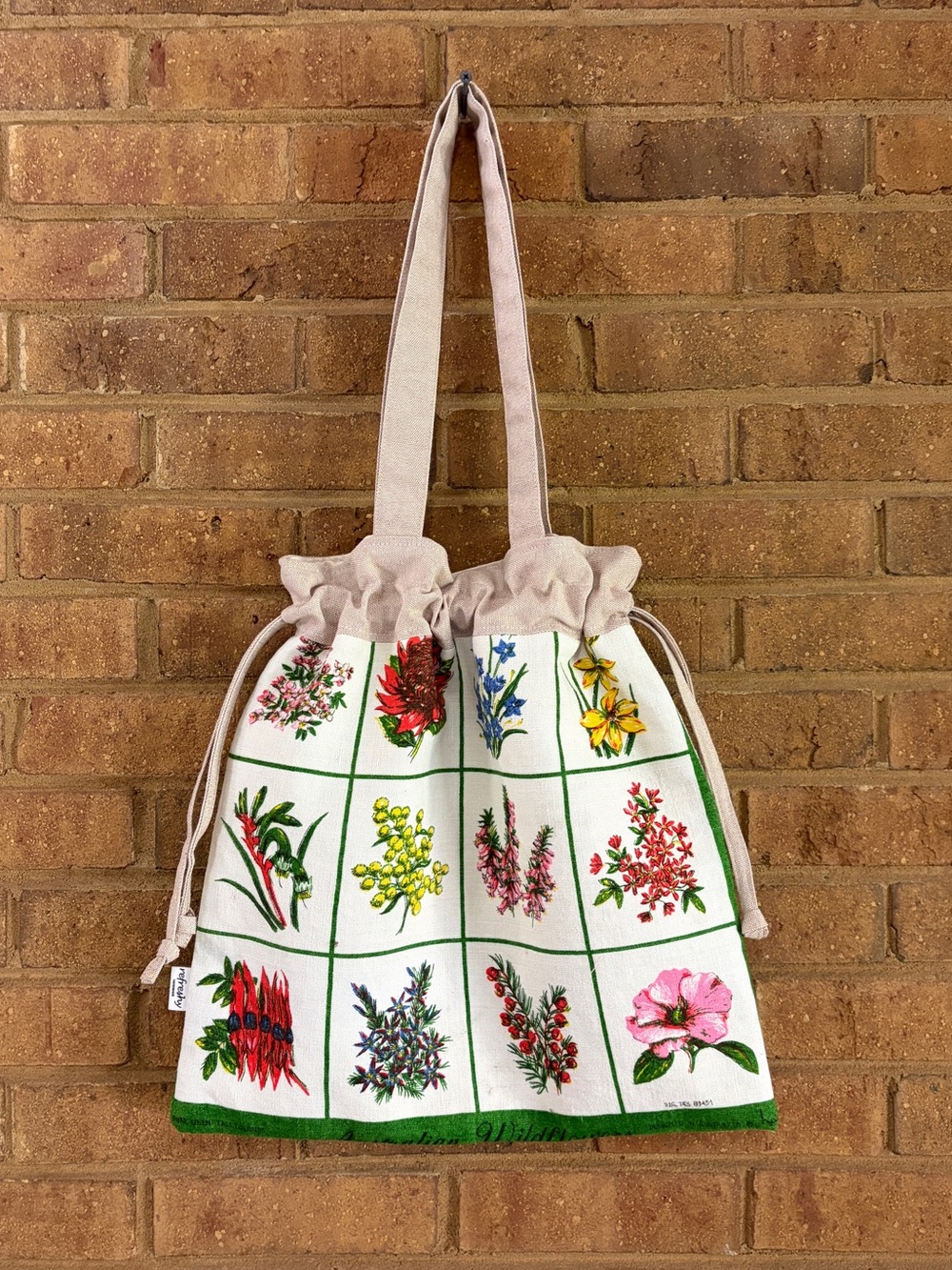Australian Wildflower / Linen Drawstring Tote Bag / Handmade